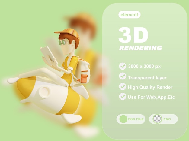 cute illustration concept boy sitting on a rocket reading a book 3d premium rendering psd