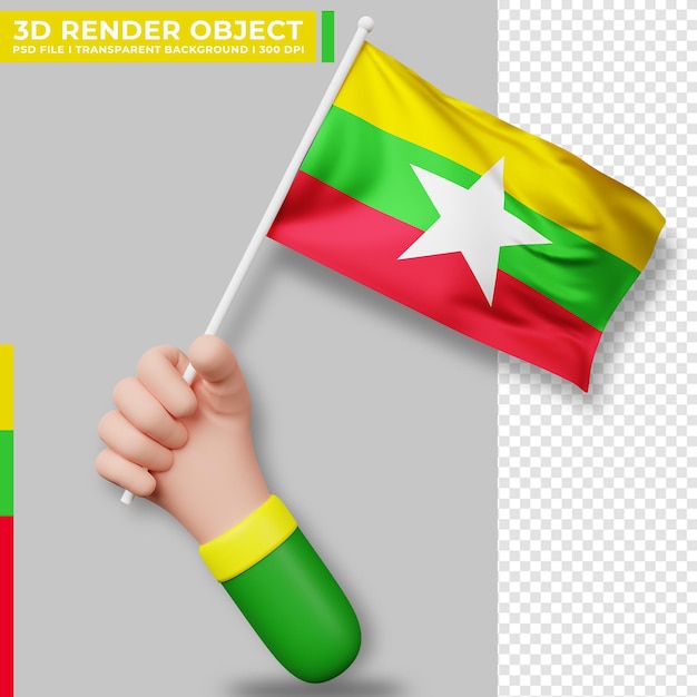 Cute illustration of hand holding myanmar flag. myanmar independence day. Country flag.