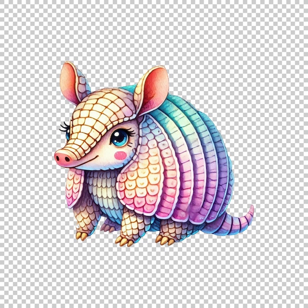 PSD cute kawaii armadillo with colorful scales isolated on transparent background