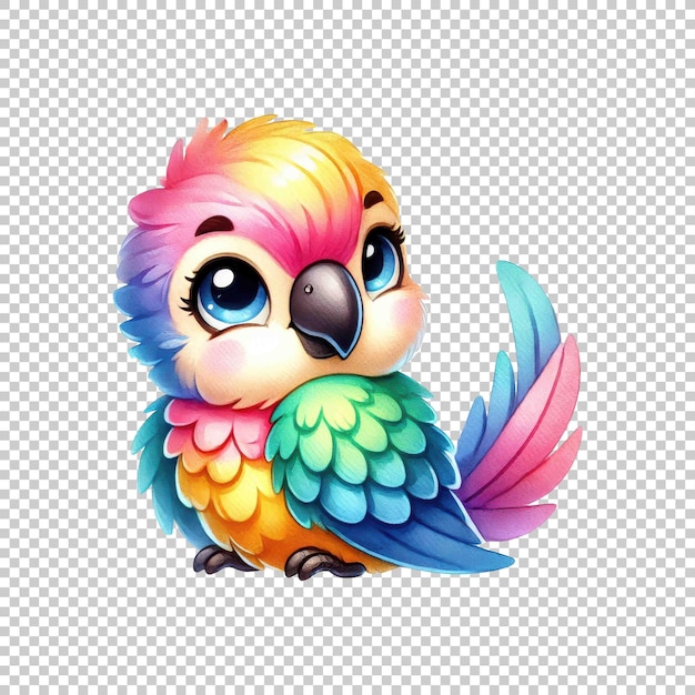 Cute kawaii parrot with pastel feathers isolated on transparent background