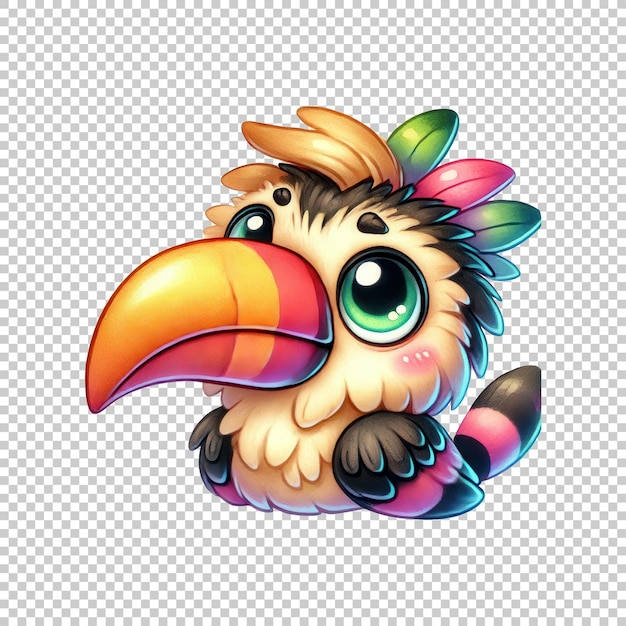 PSD cute kawaii toucan with rainbow beak isolated on transparent background