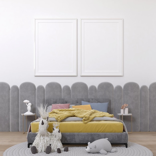 cute kids bedroom with photo frame mockup