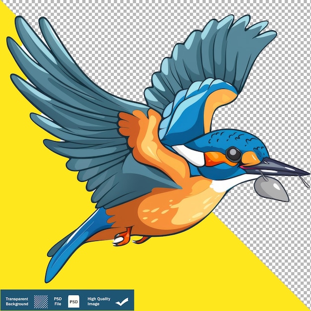 PSD cute kingfisher diving for prey cartoon vector transparent background png psd