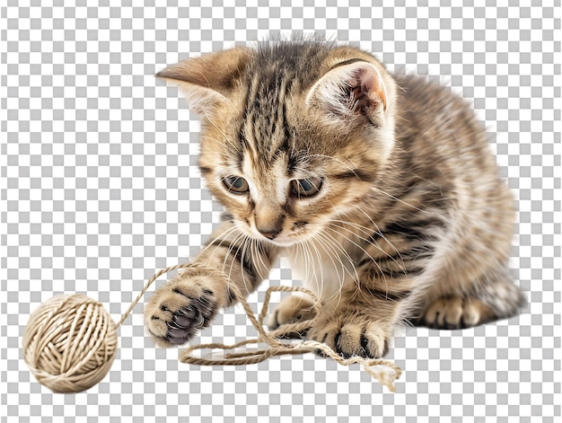 PSD cute kitten playing with yarn balls isolated against a transparent background