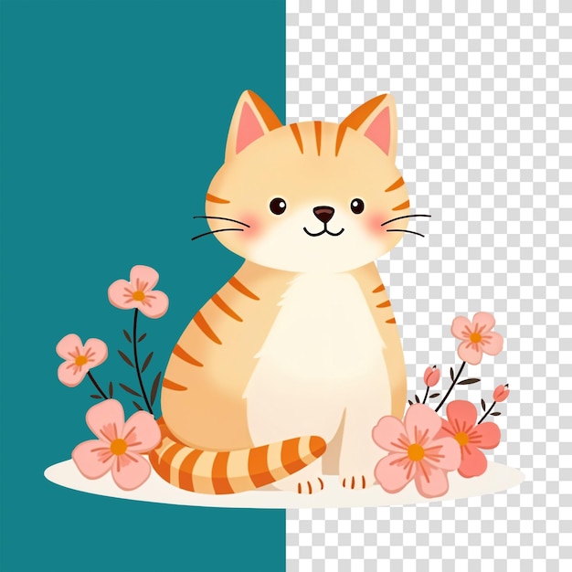 PSD cute kitty with flowers vector illustration isolated on transparent background