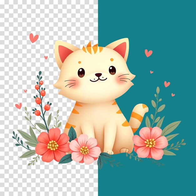 PSD cute kitty with flowers vector illustration isolated on transparent background