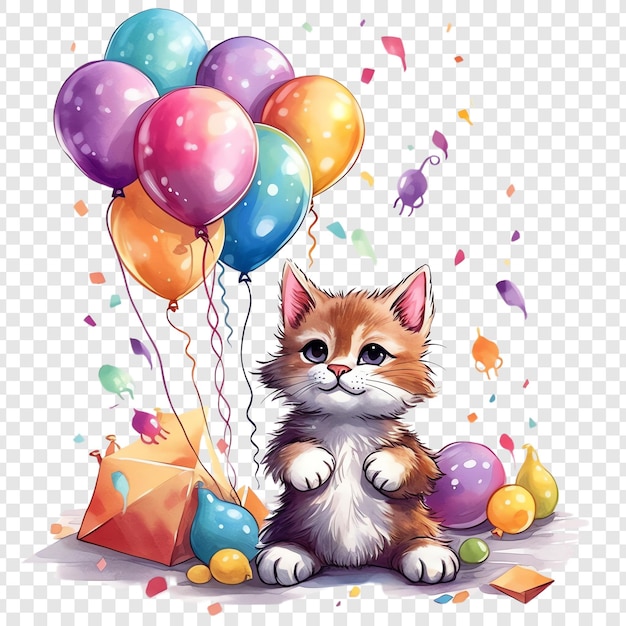 a cute little cat sits in front of balloons and a cat