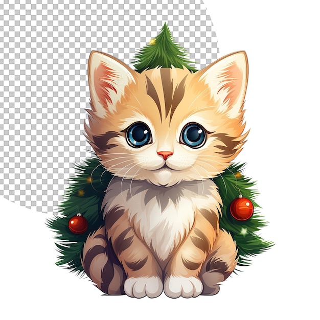 PSD cute little cat with christmas tree illustration on transparent background