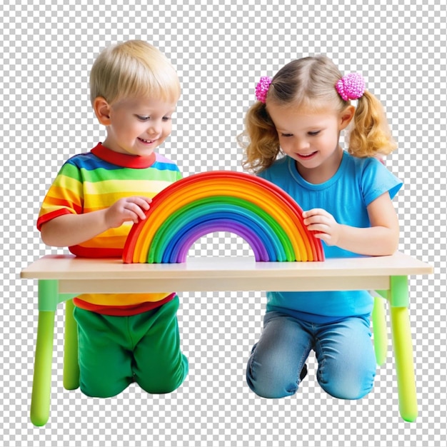 PSD cute little children playing with colorful toy rain bow transparent background