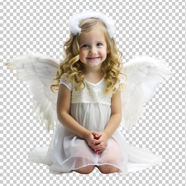 PSD cute little girl dressed as an angel on transparent background