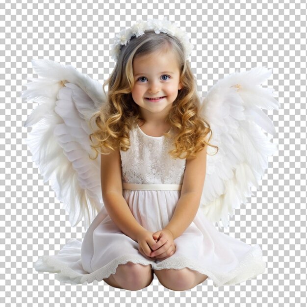 PSD cute little girl dressed as an angel on transparent background