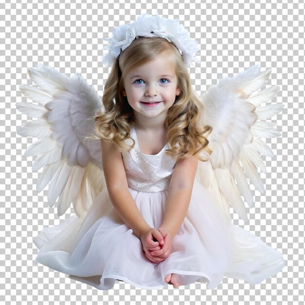 PSD cute little girl dressed as an angel on transparent background