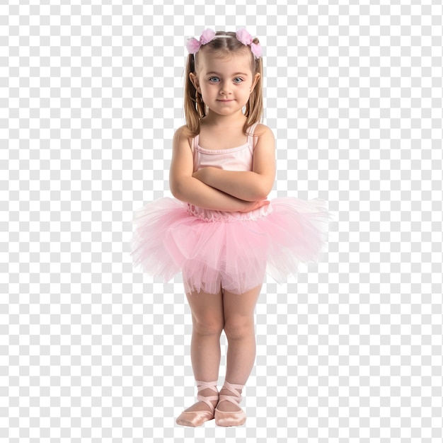 Cute little girl dressing to becoming a ballerina front view isolate on transparency background