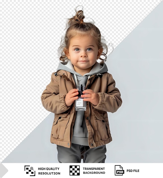 PSD cute little girl holding perfume bottle against a transparent background