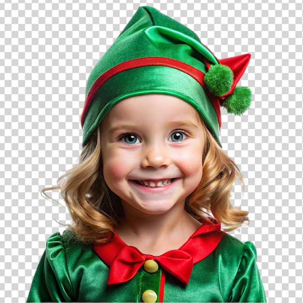 Cute little kid girl wearing green elf christmas Isolated on transparent background