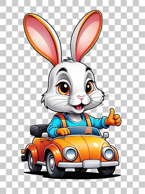 PSD cute little rabbit cartoon character driving a retro car on transparent background