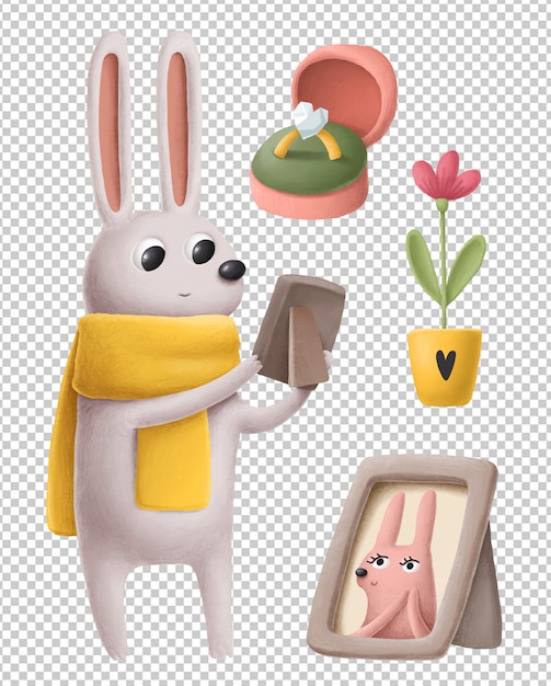 Cute little rabbit in love hand drawn illustration set