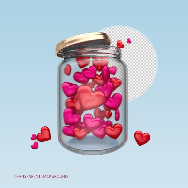 Cute love hearts jar isolated and transparent 3d rendering