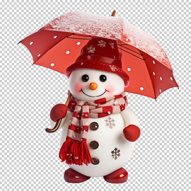 Cute lovely snowman holding a red umbrella isolated on transparent background PNG available