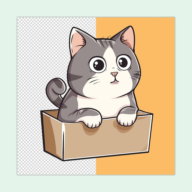 A cute Manx cat stuck in cardboard isolated on a transparent background