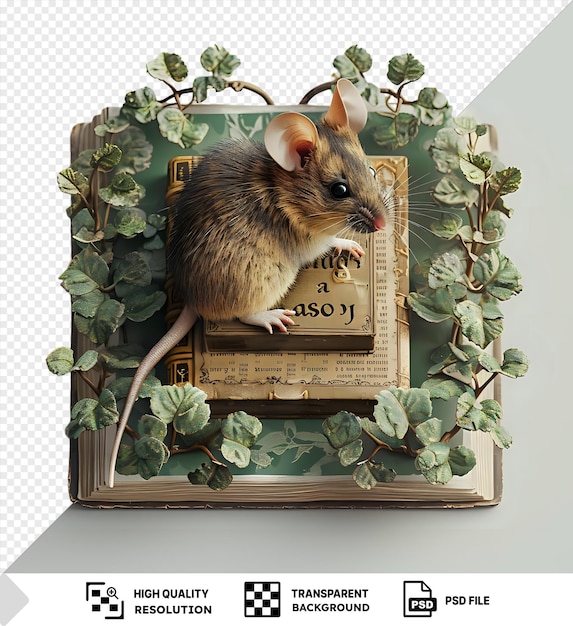 PSD cute mouse on old books with green vines