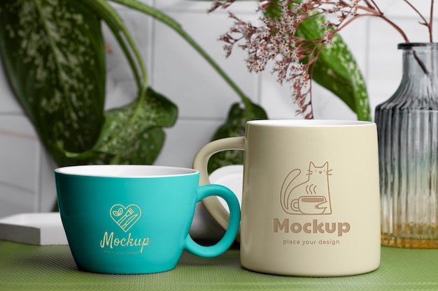 Cute mug design with plants mockup