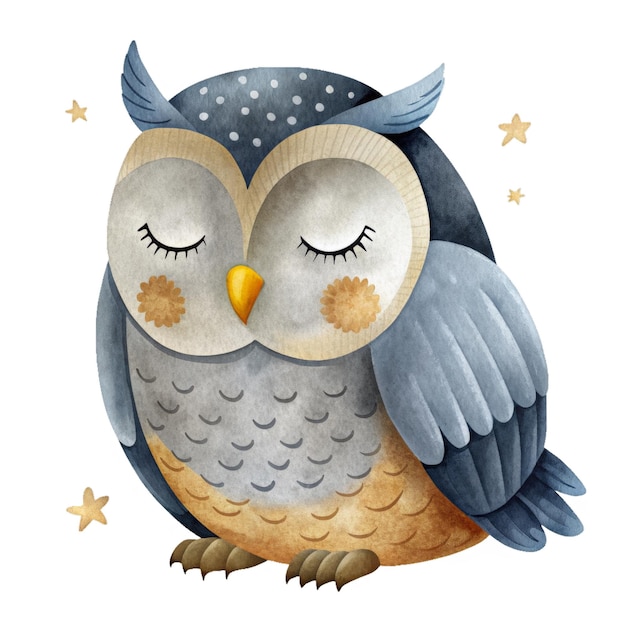 PSD cute owl sleeping watercolor illustration for kids clothes and prints isolated clipart