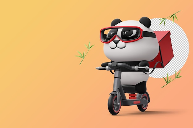 Cute Panda riding scooter panda delivery 3d rendering