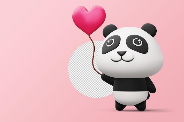 Cute panda with heart cute animal 3d rendering