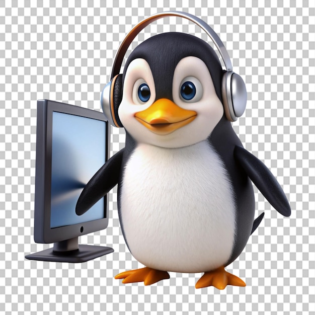 cute penguin in headphones looking at monitor on transparent background