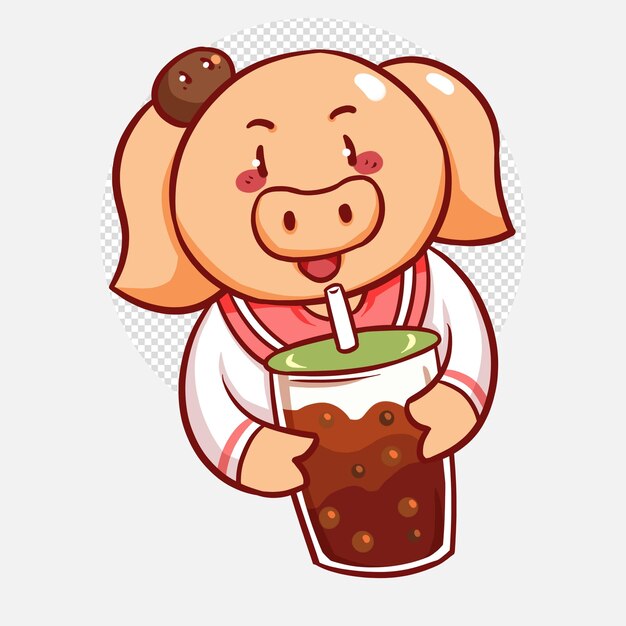 PSD cute pig holding bubble tea logo banner hand drawn cartoon art illustration