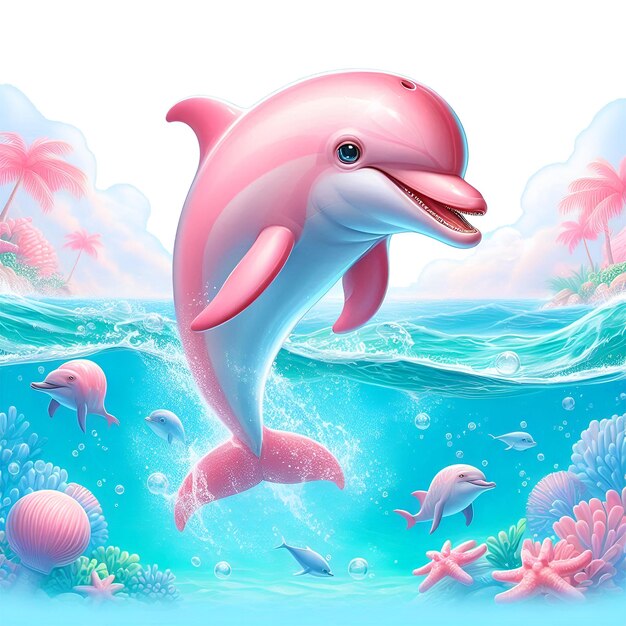 PSD cute pink cartoon dolphain in water illustration image