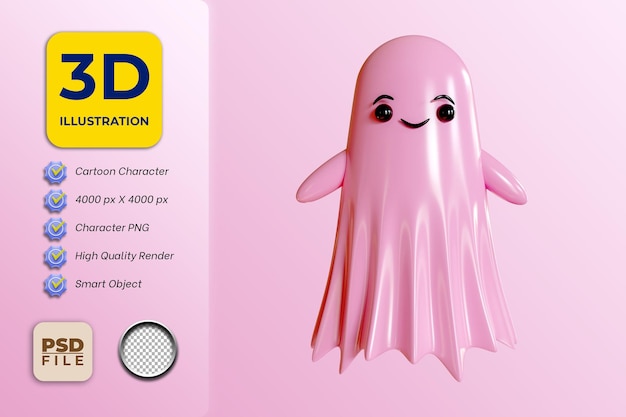 Cute pink ghost cartoon character with smile face 3d rendering