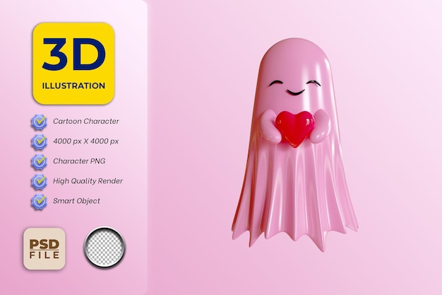 Cute pink ghost cartoon character with smile face and holding heart icon 3d rendering