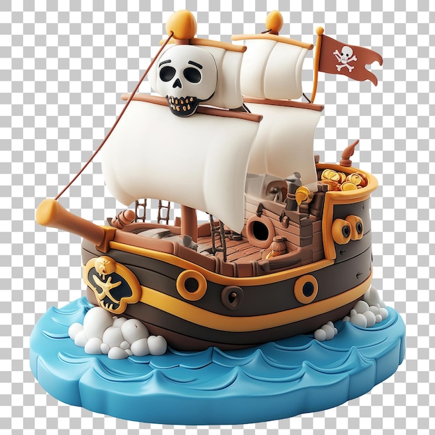 PSD cute pirate ship on a cartoon ocean with skull flag and playful design