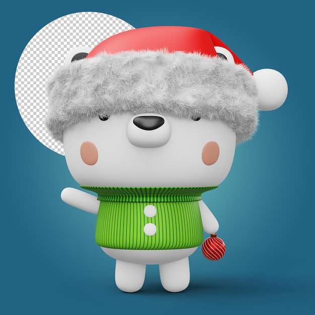 Cute Polar bear with christmas hat happy christmas 3d rendering