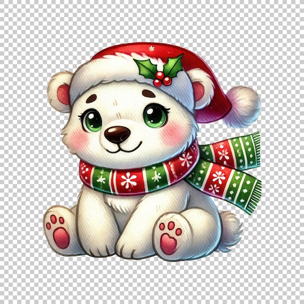 PSD cute polar bear with christmas hat and scarf isolated on transparent background