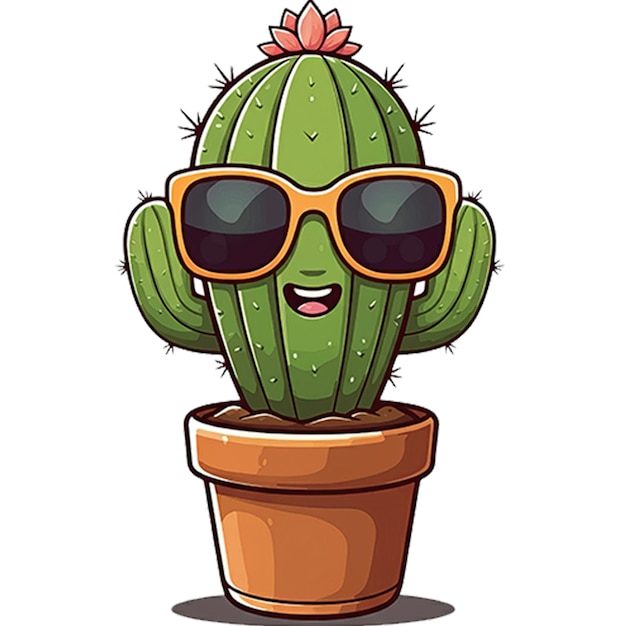 PSD a cute potted cactus wearing oversized sunglasses on transparent background