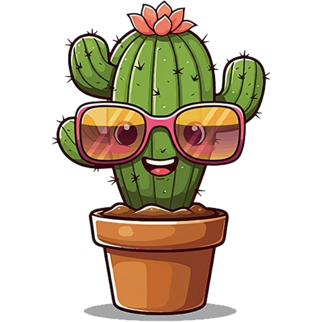 PSD a cute potted cactus wearing oversized sunglasses on transparent background