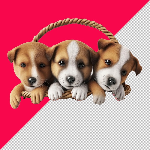 PSD cute puppies in basket 3d cartoon isolated render transparent background png psd