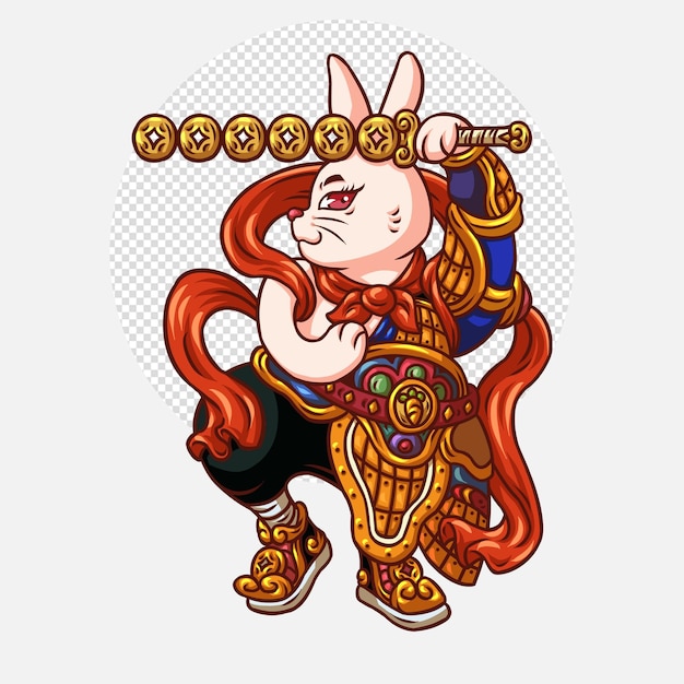 Cute rabbit door god character with sword on white background