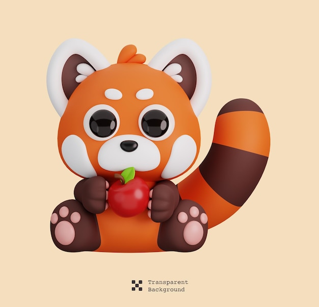 PSD cute red panda holding apple isolated animals and food icon cartoon style concept 3d rendering