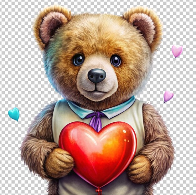 PSD a cute romantic bear with balloon heart watercolor transparent background