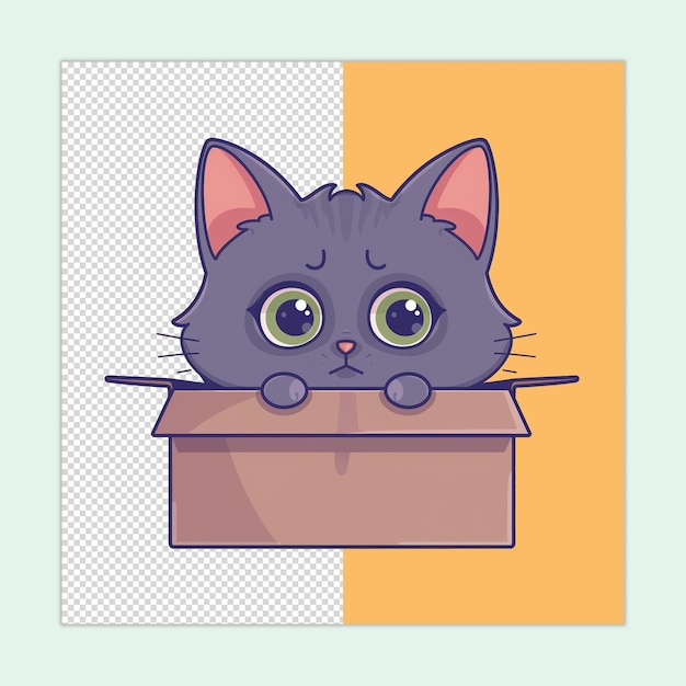 A cute Russian Blue cat stuck in cardboard isolated on a transparent background