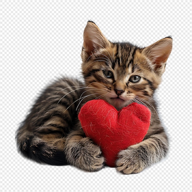 Cute sad kitten with a heart pillow on isolated transparent background