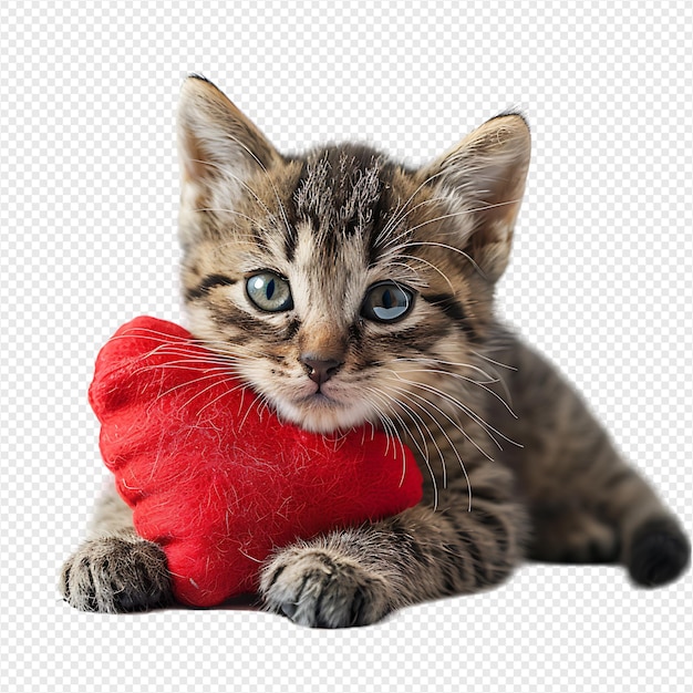 Cute sad kitten with a heart pillow on isolated transparent background