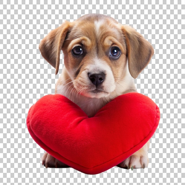 cute sad puppy with a heart pillow