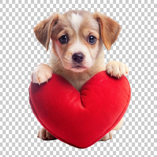 cute sad puppy with a heart pillow