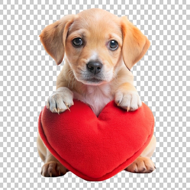 cute sad puppy with a heart pillow