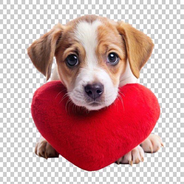 cute sad puppy with a heart pillow